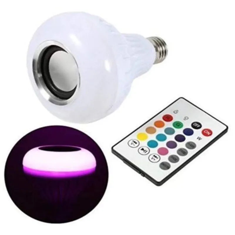 White Bluetooth speaker LED bulb with E27 base showing RGB colour options and remote control