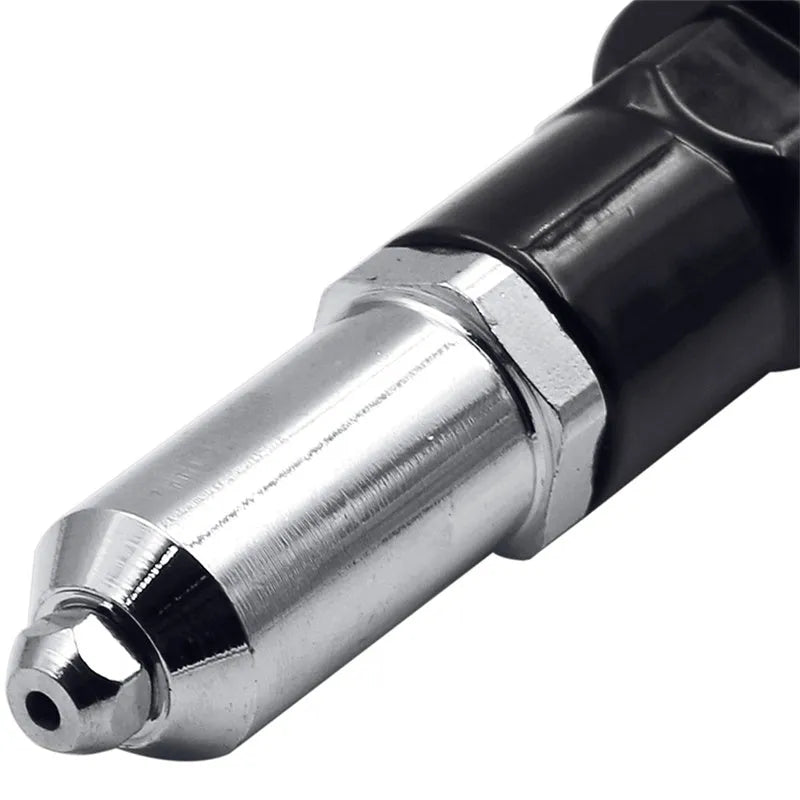 Black metal electric drill rivet gun with handle, wrench, and multiple rivet heads for industrial applications