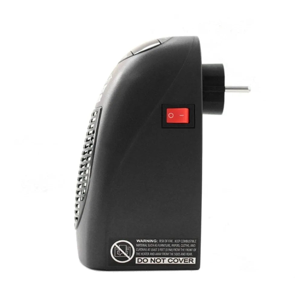 Black compact ceramic electric heater with digital display and rotating three-prong plug