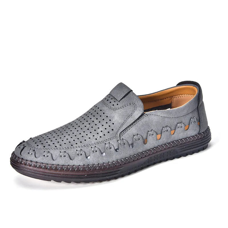 Men's brown slip-on leather casual shoes with round toe and flat PVC sole