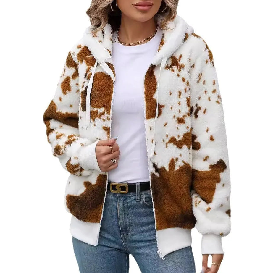 Yellow brown cow animal print hooded cardigan jacket with full zip and plush texture