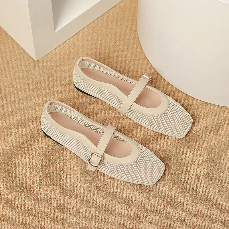 Women's beige mesh summer pump with square toe and buckle closure on a low flat heel.