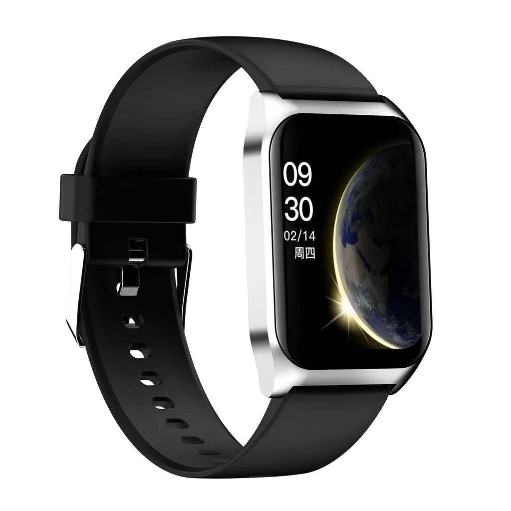 Black smart watch with 1.69-inch screen and silicone strap on wrist