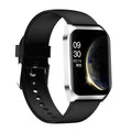 Black smart watch with 1.69-inch screen and silicone strap on wrist