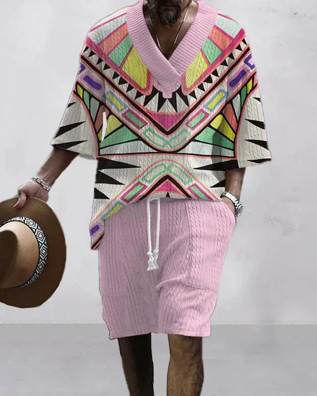 Loose casual short sleeve suit set in polyester fabric showing matching top and shorts