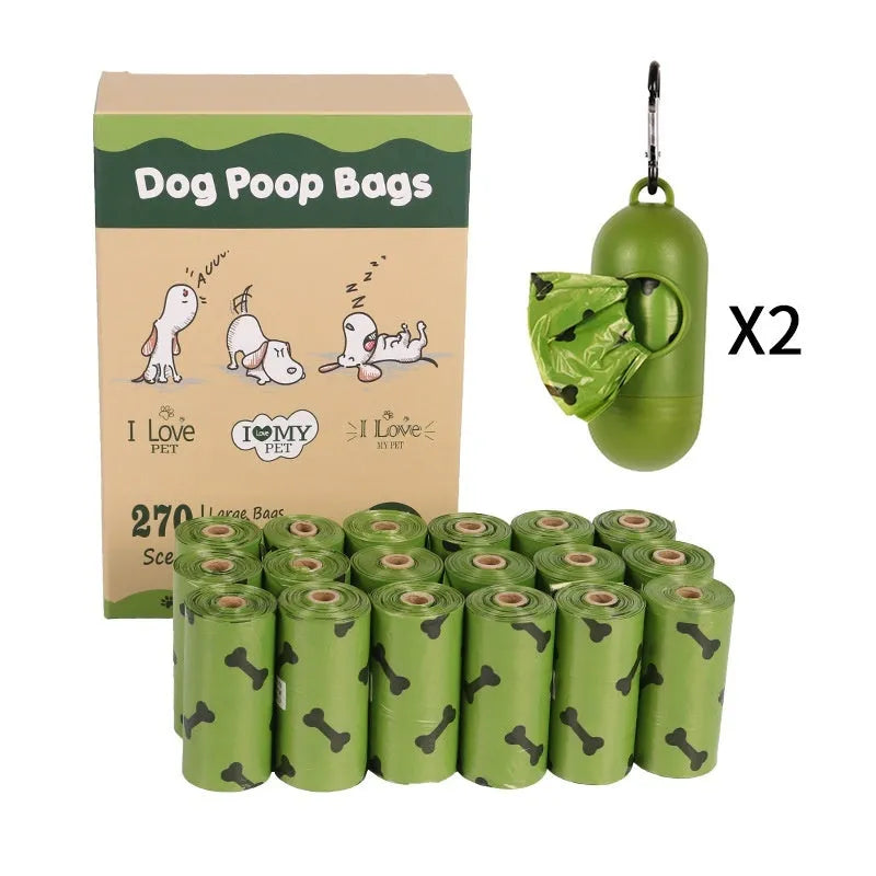 Roll of army green degradable dog poop bags with black bone print, showing bag size of 23x33cm.