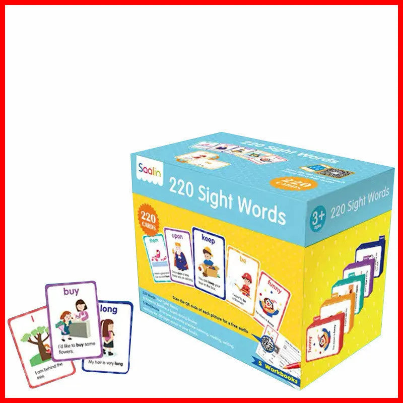 Early learning gift box containing 220 high-frequency word game cards and five phonics workbooks for children aged 3 and up.