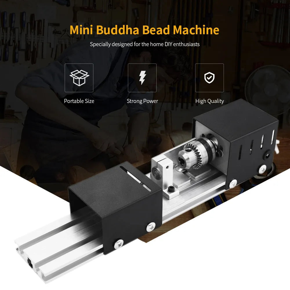 Mini metal silver woodworking lathe with carving knives and accessories for small craft projects