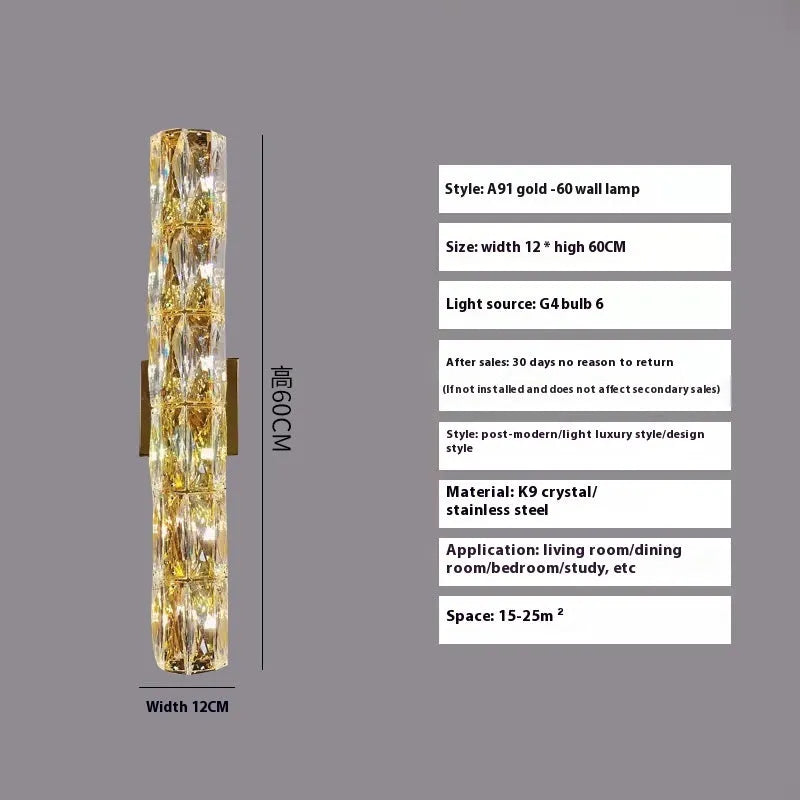Slim crystal and stainless steel wall lamp with LED light on a wall.
