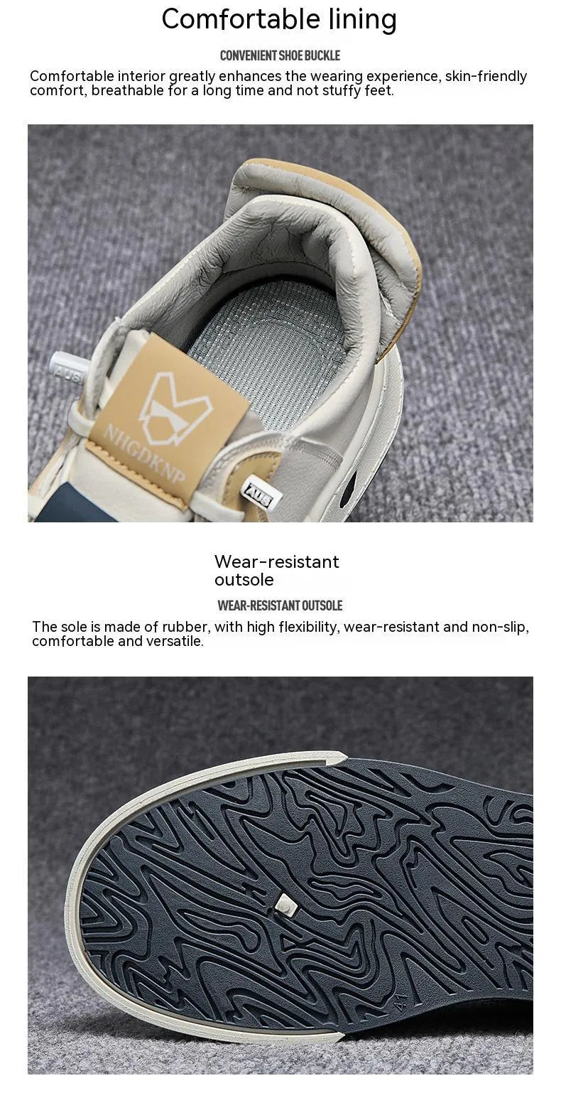 Men's beige low-top casual sneakers with elastic band and round toe, showing leather stitching detail.