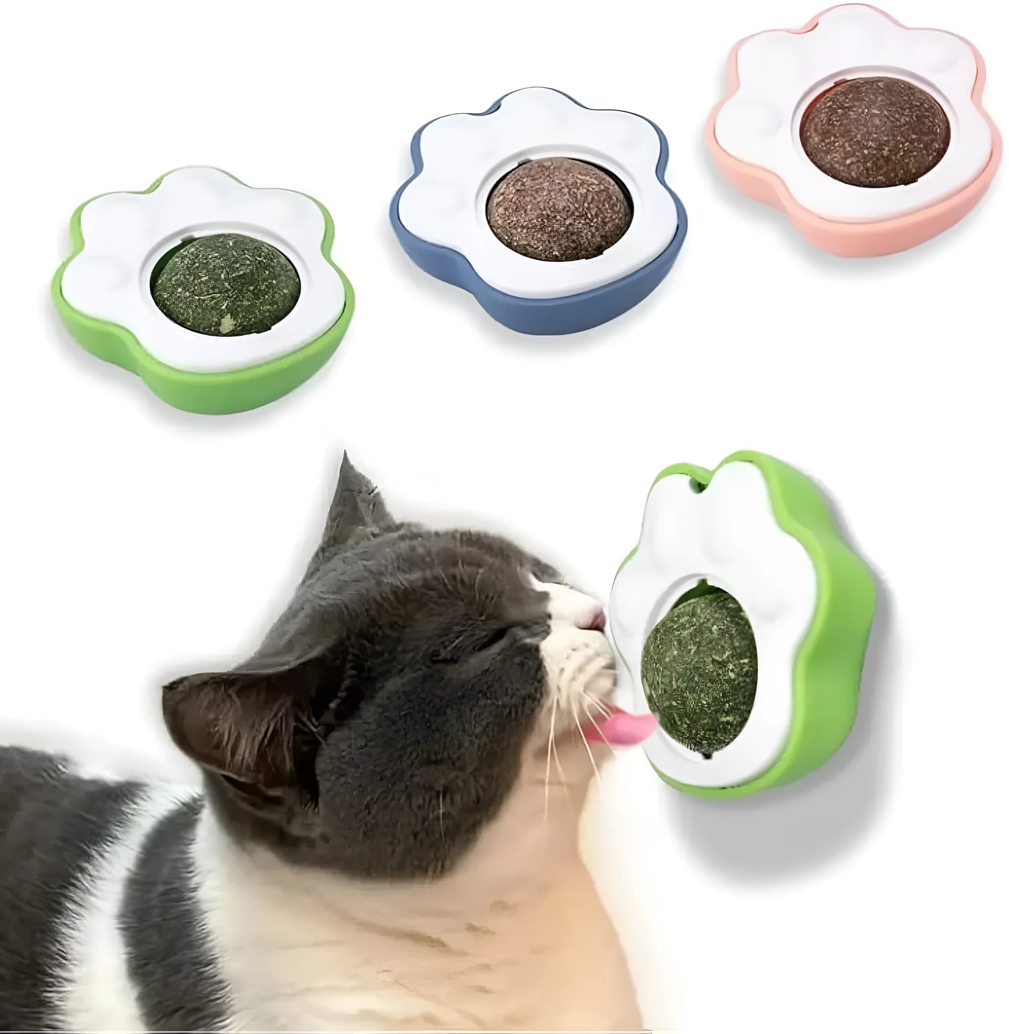 Natural vine catnip balls for cat dental health in blue, green and pink colours