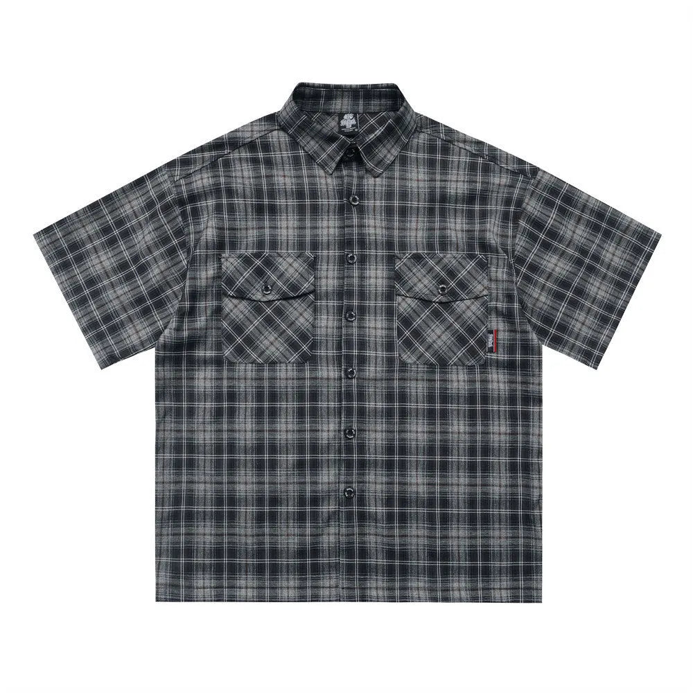 Men's black and brown plaid short sleeve shirt with embroidered letters and lapel collar
