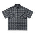 Men's black and brown plaid short sleeve shirt with embroidered letters and lapel collar