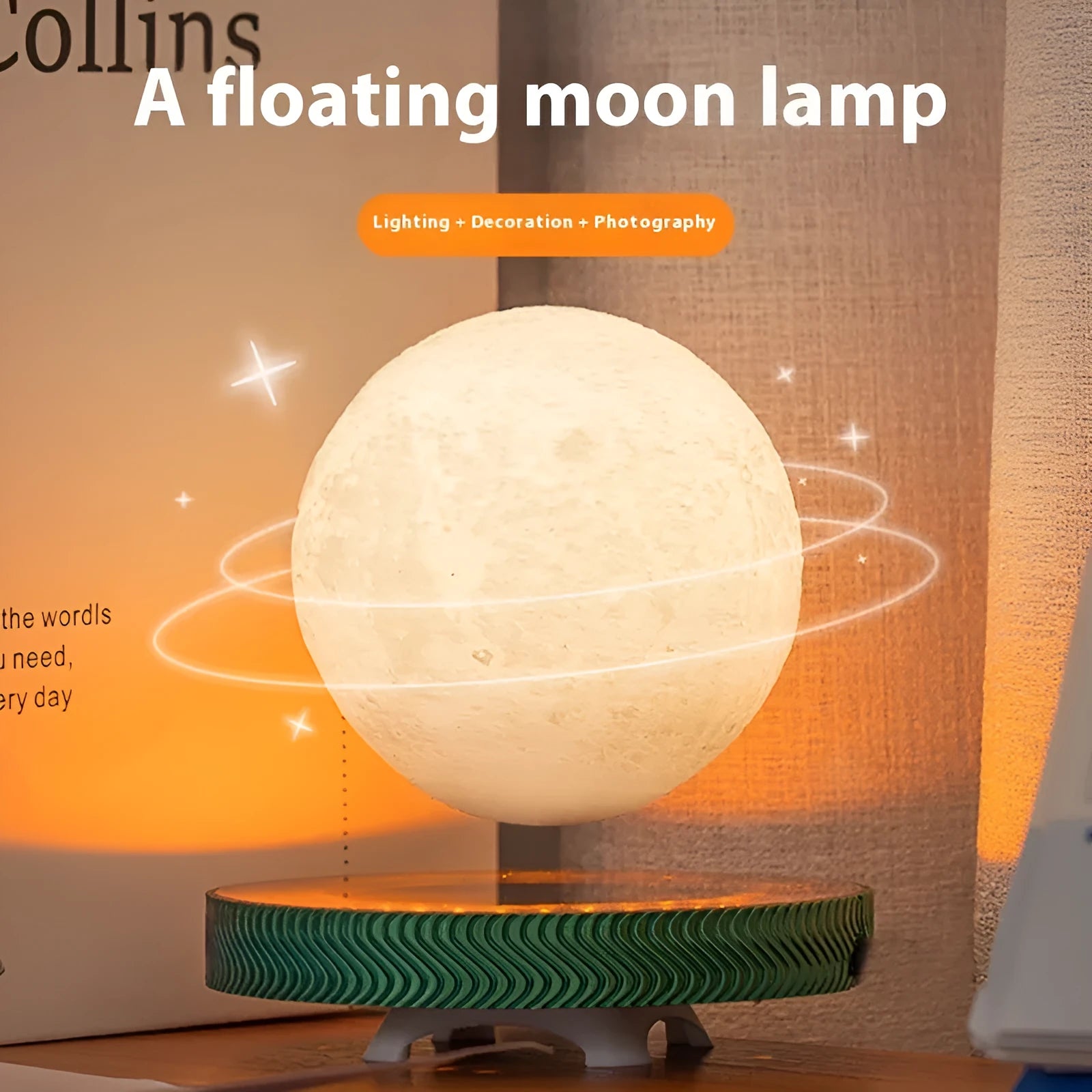 Small magnetic suspension night lamp with a levitating Moon ornament in modern 3D printed design.
