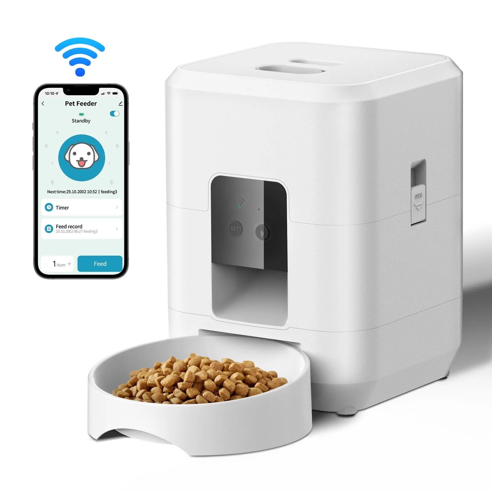 White WiFi automatic pet feeder with British plug for cats with feeding tableware