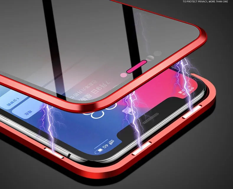 Black magnetic privacy phone case with clamshell design showing anti-peeping screen