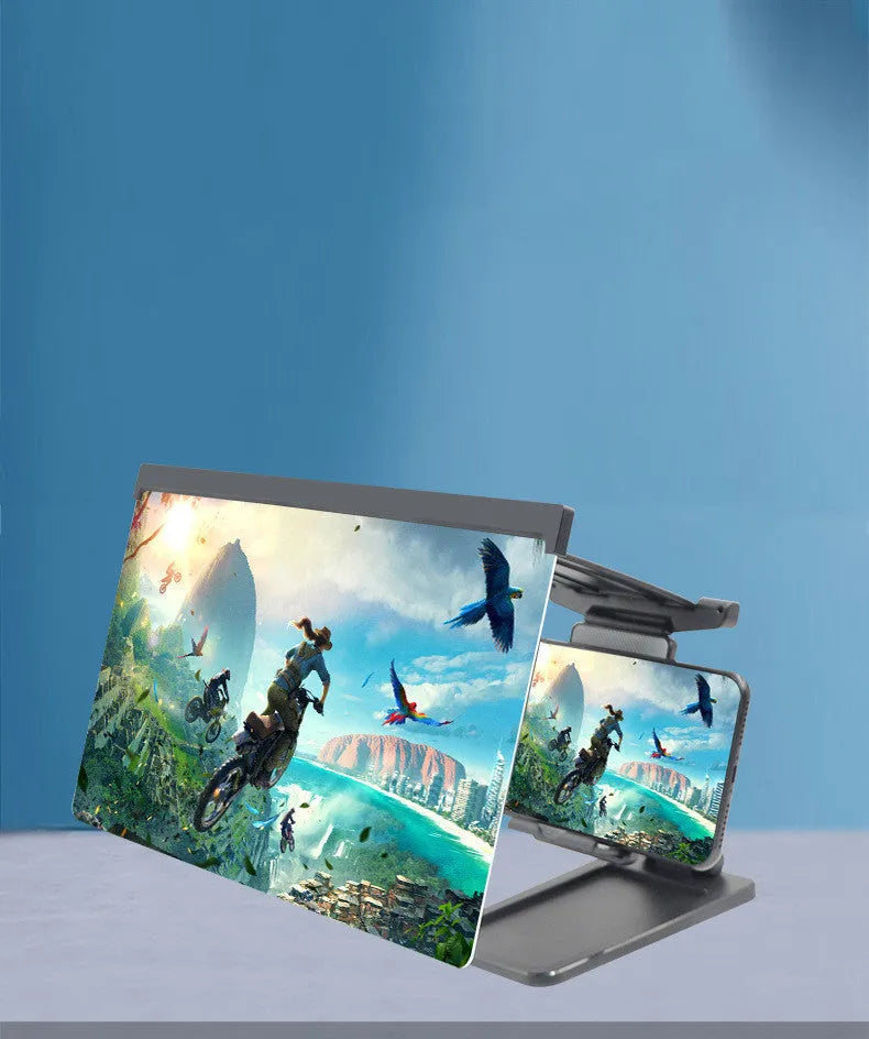 Black folding mobile phone screen magnifier with detachable holder on a desk