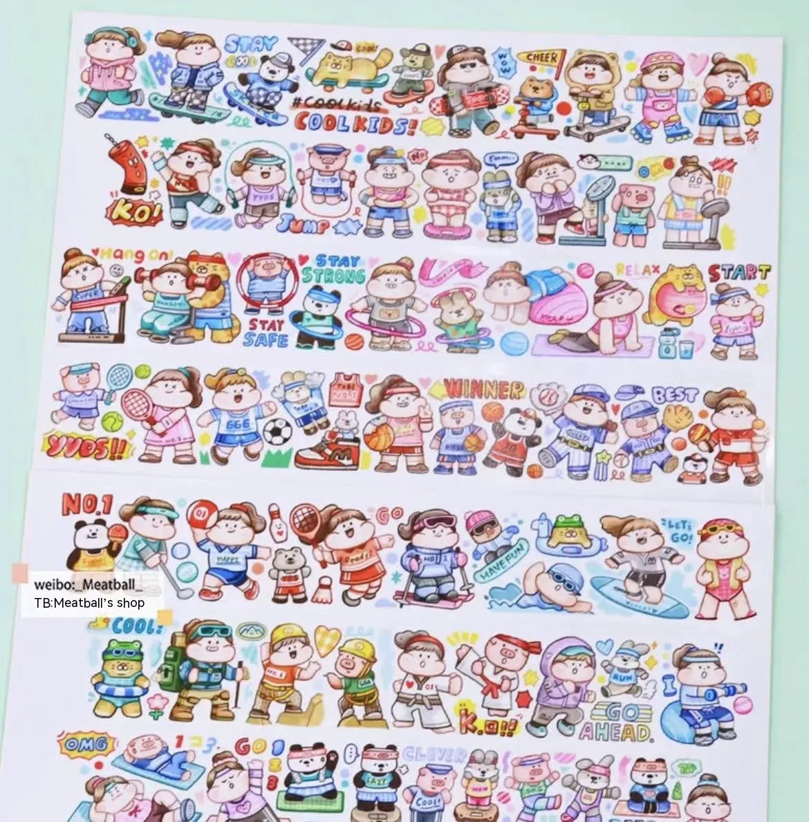 Sheet of cute cartoon character stickers on Japanese paper for haemorrhoid tape packaging and planners.