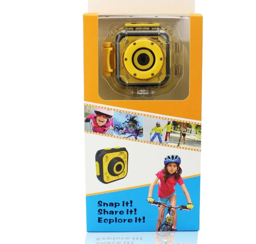 Yellow children's waterproof sports camera with 1.77-inch screen showing HD recording interface