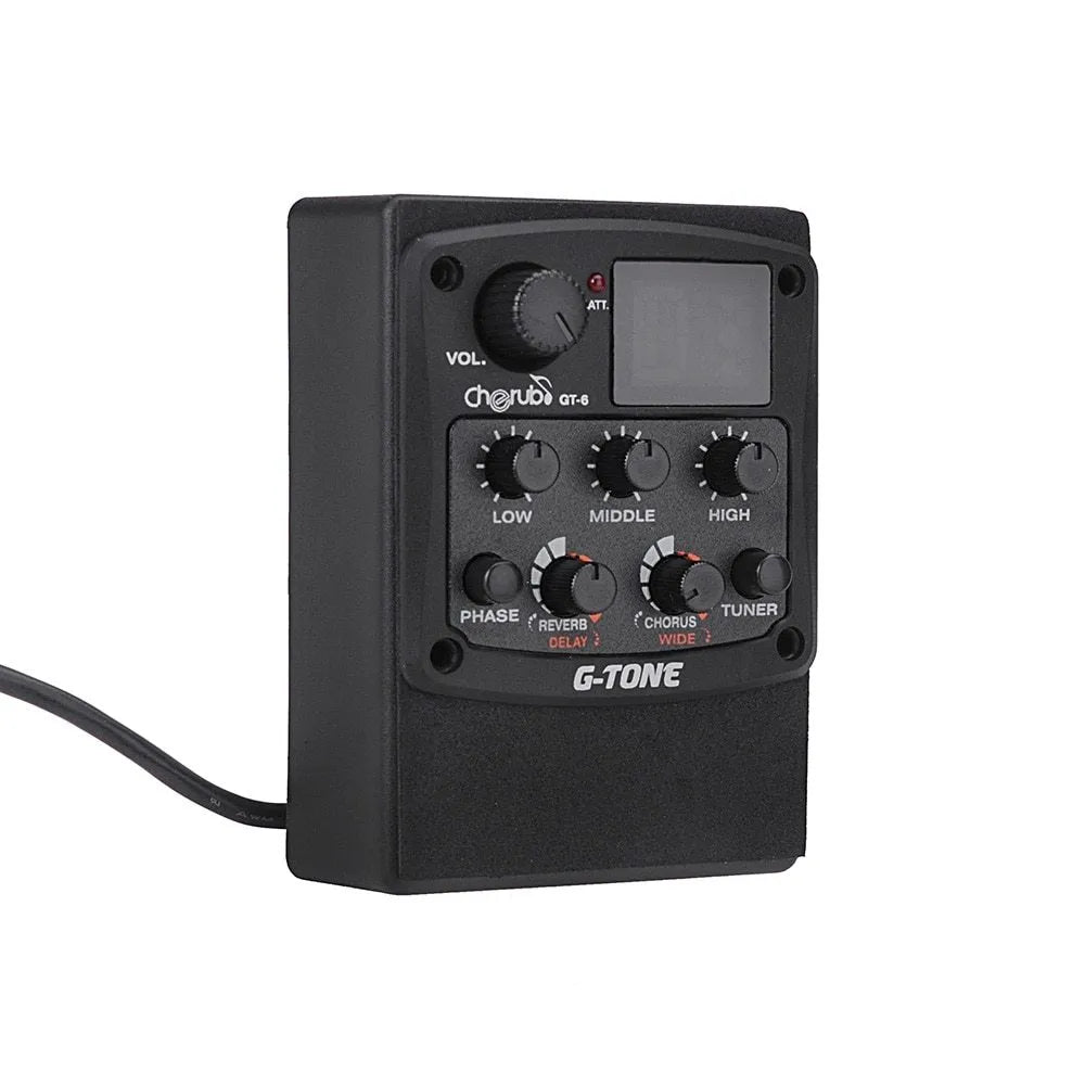 Cherub GT-6 black acoustic guitar EQ pickup unit with control knobs for 3-band EQ and built-in effects.