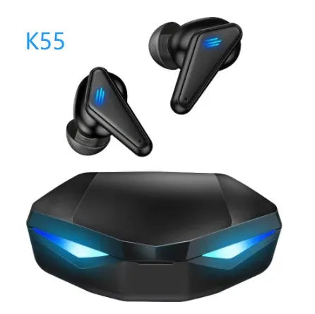 Blue Private Model K55 wireless Bluetooth gaming earbuds with in-ear design.