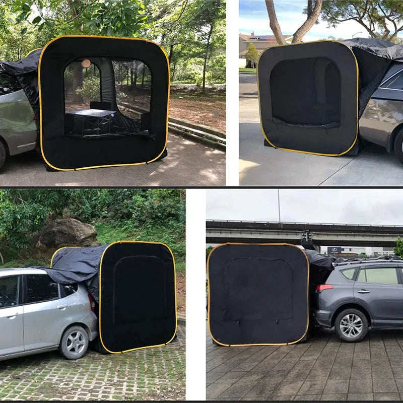 Black pop-up outdoor camping car tail tent with quick throw setup, unfolded to 200x200x200cm
