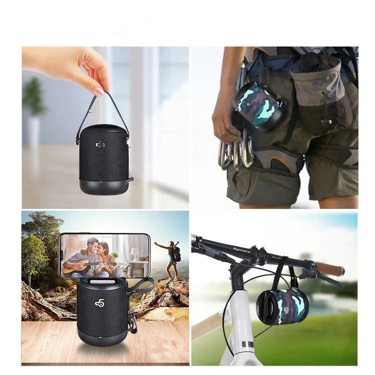 Black wireless portable mini waterproof Bluetooth speaker with leather finish and card slot.