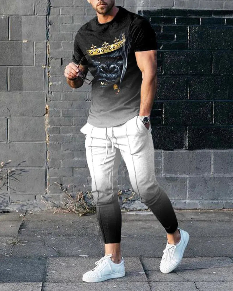 Men's short sleeve printed pullover and trousers set in thin polyester blend fabric for sports and casual wear