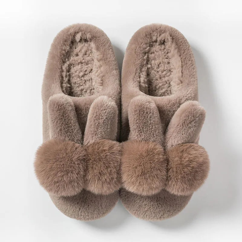 Women's high-top fluffy rabbit fur slippers with flower decoration in cream colour
