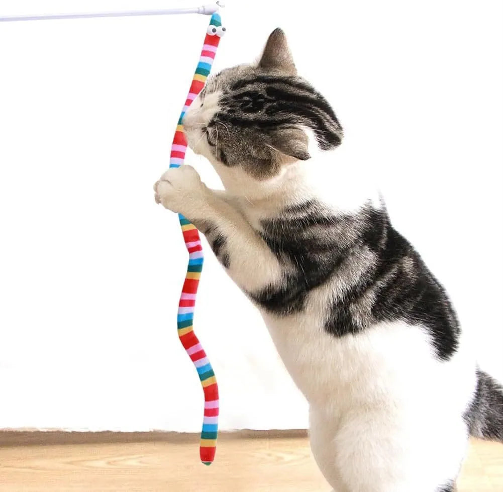 Green cat wand toy with long plush strip on a polycarbonate pole