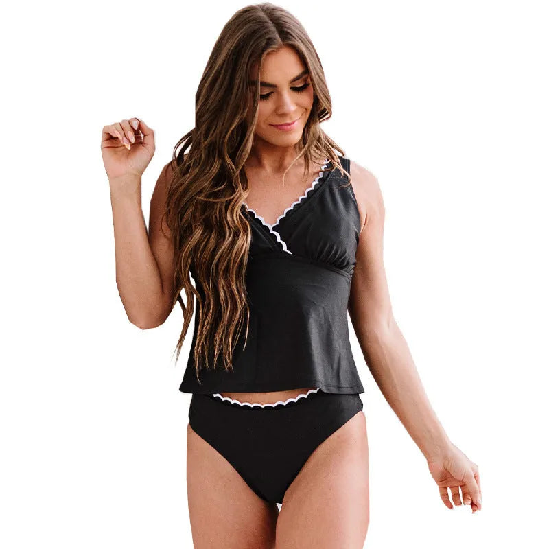 Solid black women's sleeveless bikini swimsuit set on a mannequin.