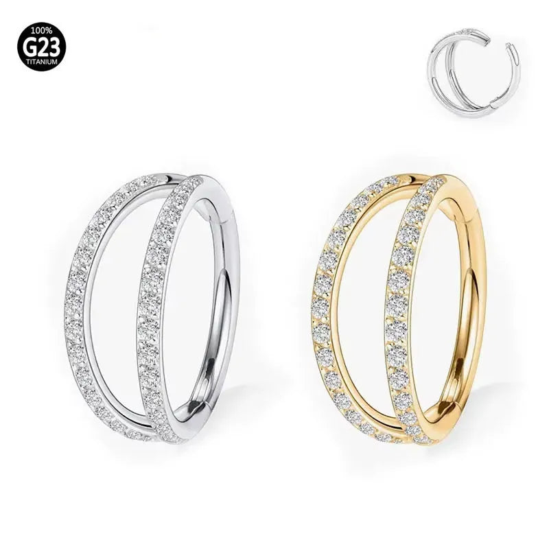G23 titanium alloy lip and nose ring with zircon monoclinic diamond treatment in steel or gold colour options