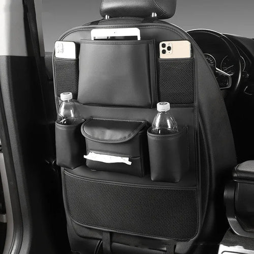 Leather car seat back storage bag in suspended design, shown in available colour options.