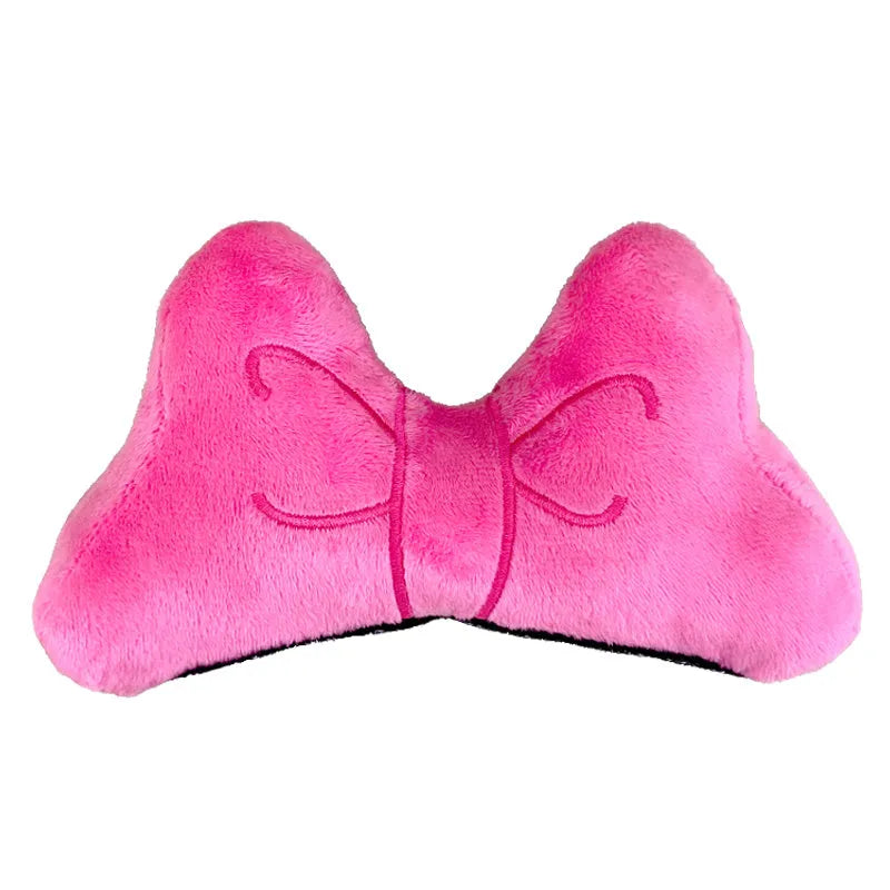 Soft plush bow tie helmet decoration for electric motorcycle and ski helmets in red, peach pink, and rose pink.