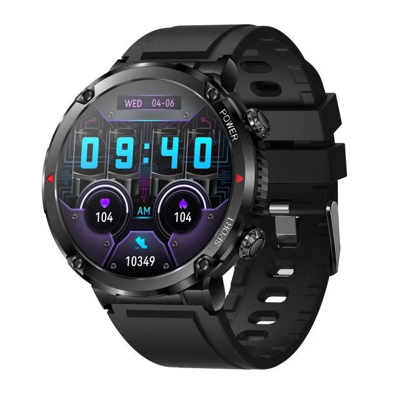 T30 smart watch with circular IPS screen on a silicone strap, showing health metrics and call interface.