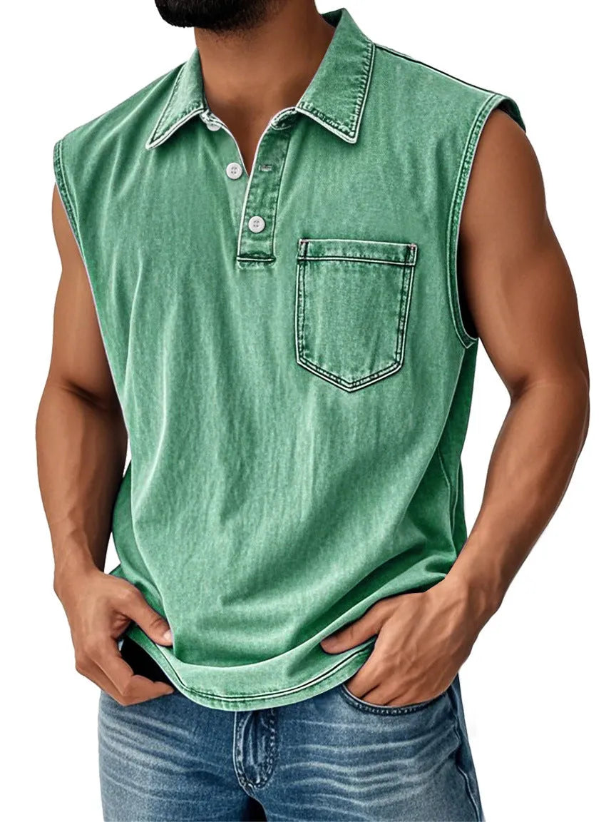 Man wearing a loose-fit short-sleeve polo shirt with a 3D digital print design.