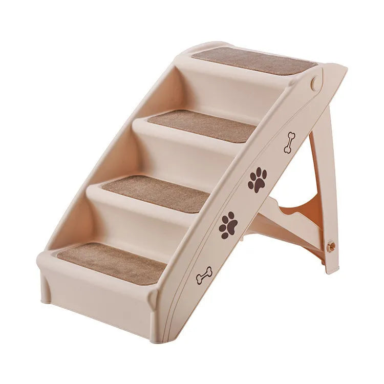 Foldable grey plastic pet stairs with three steps and non-slip mats for small dogs and cats.