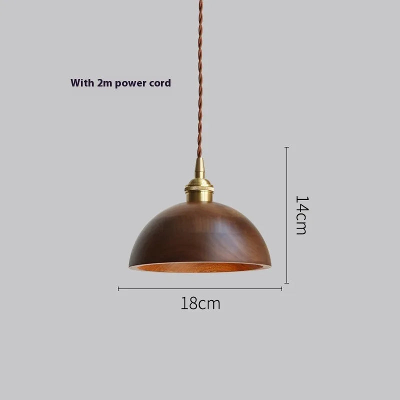 Black walnut finish single-head droplight chandelier with copper and wood art construction.
