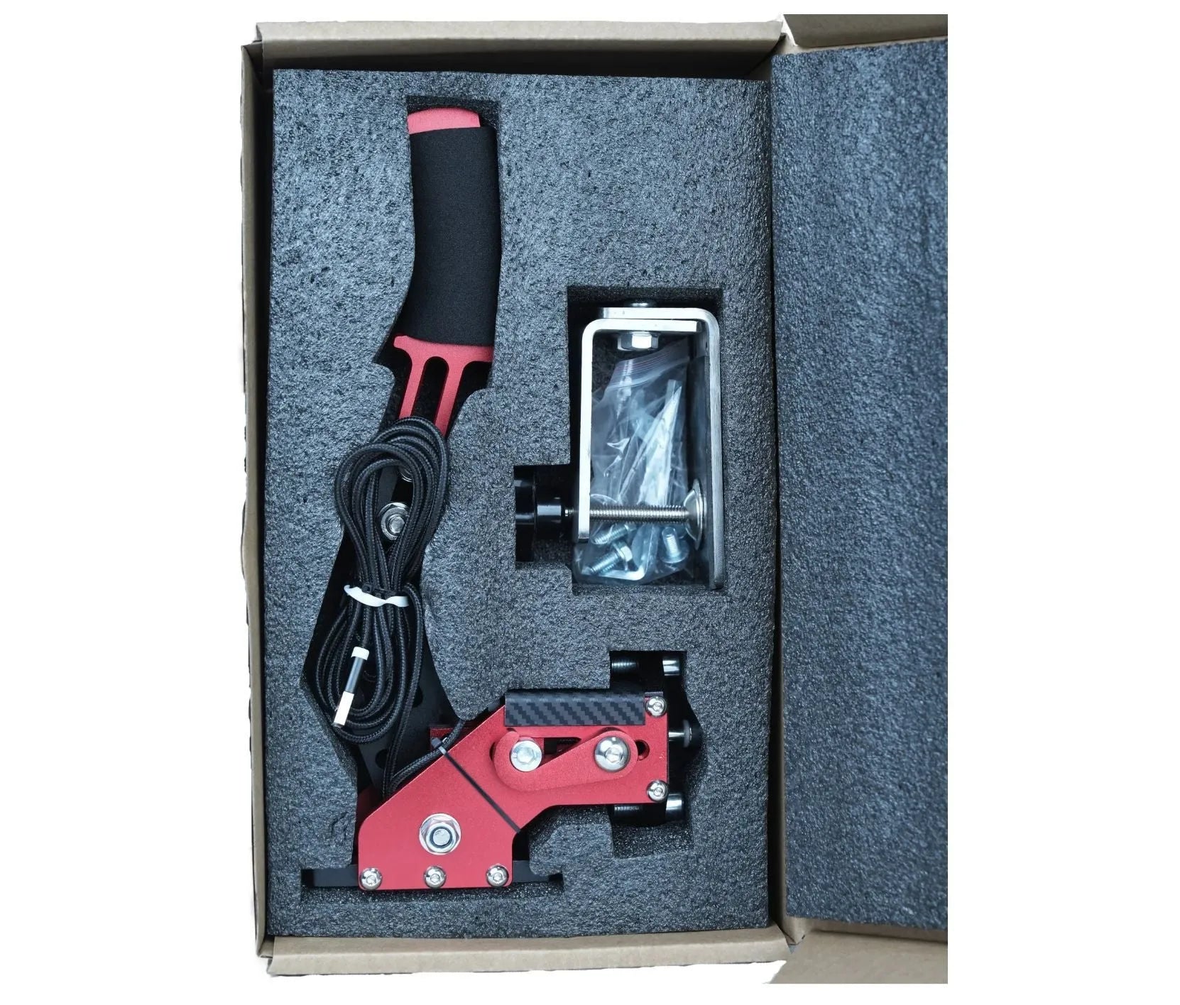 USB linear handbrake for PC racing simulators with aluminium clamp mounted on a wheel base.