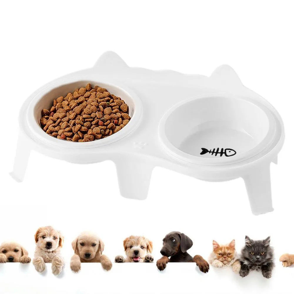 Blue ceramic cat food and water bowls in an elevated white ABS plastic stand with a hook