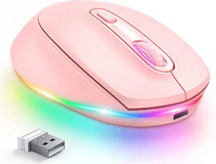 24g rechargeable wireless mouse in various colours showing ergonomic shape and USB cable