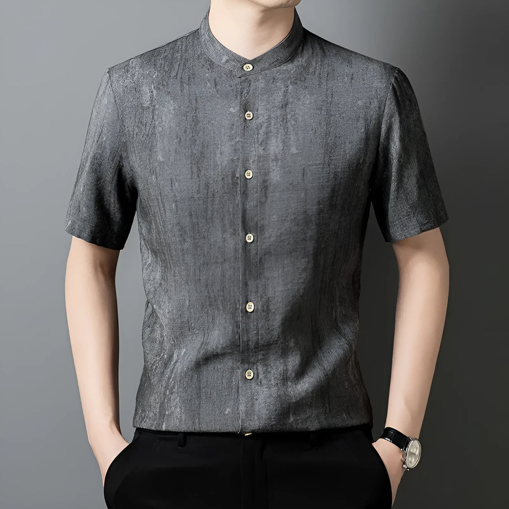 Men's loose fit linen shirt with stand collar in solid grey colour, cardigan style casual top