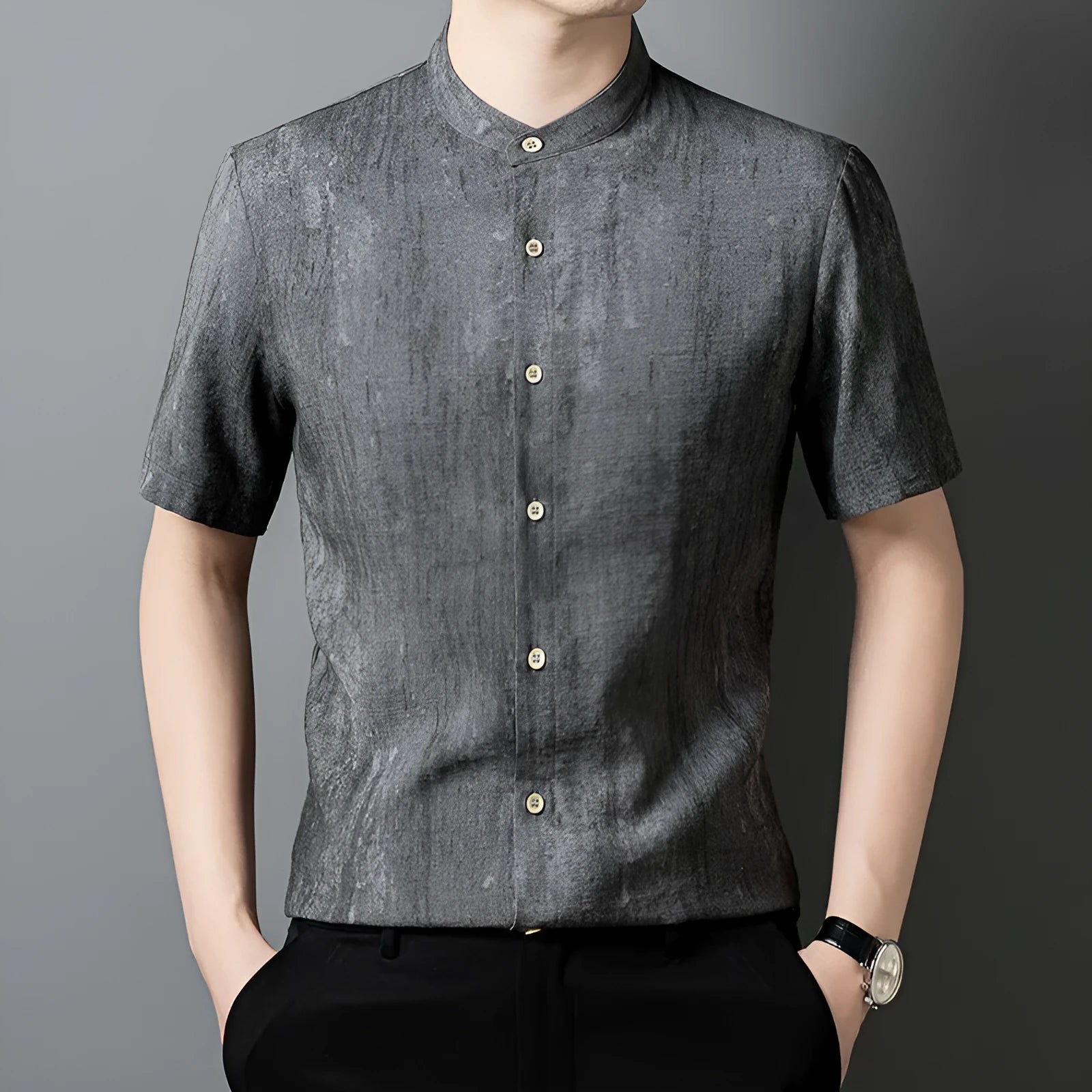 Men's loose fit linen shirt with stand collar in solid grey colour, cardigan style casual top