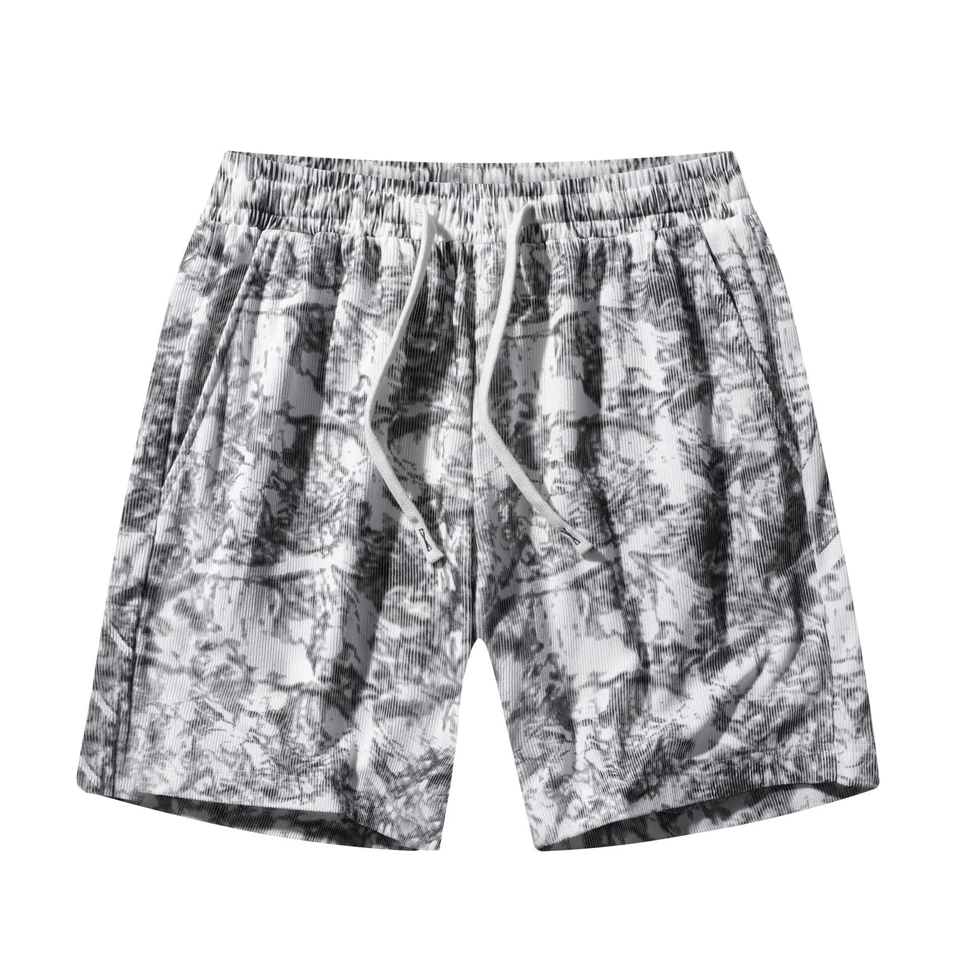 Men's camouflage patterned corduroy athletic shorts with straight leg and elastic waistband