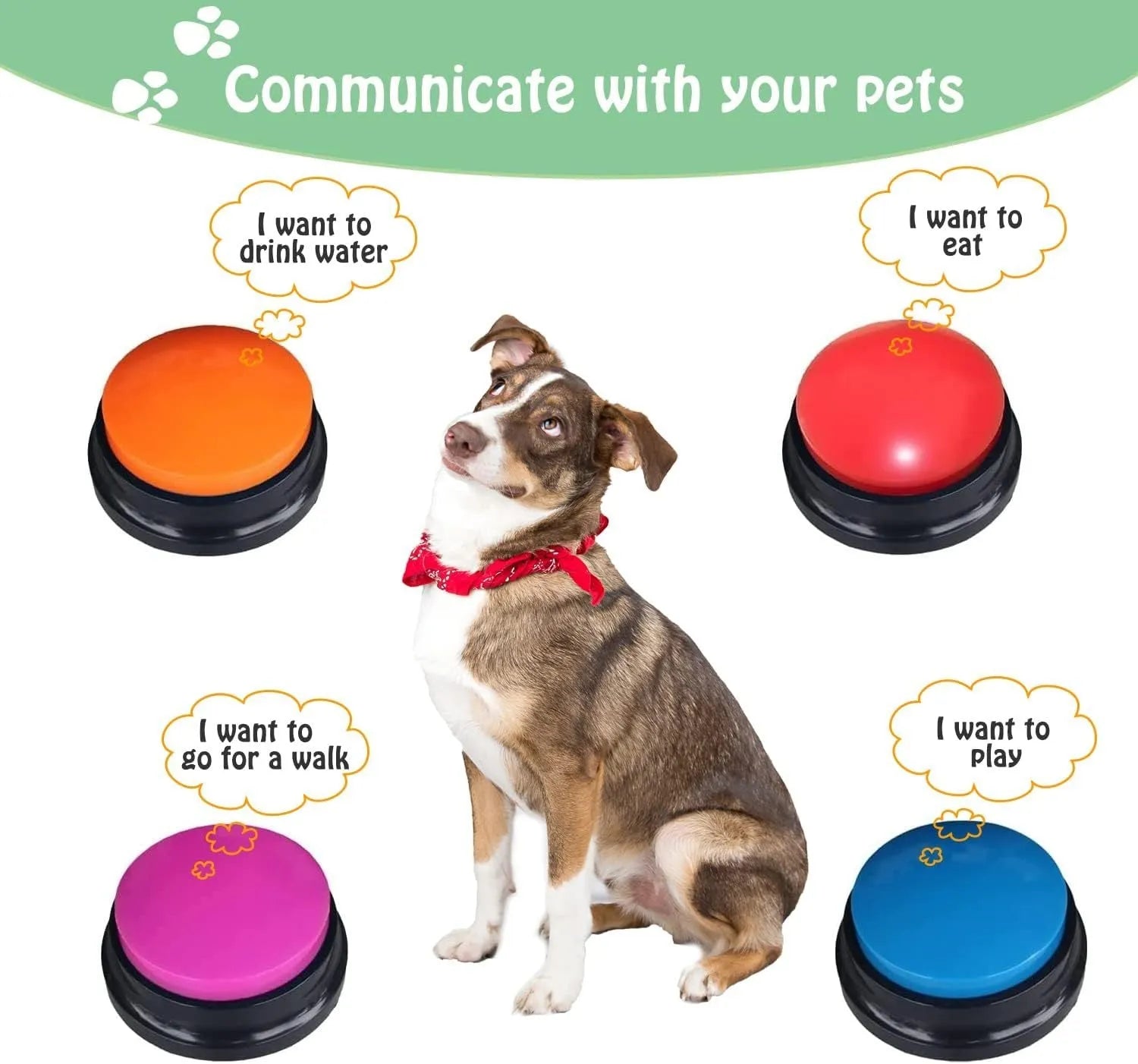 Voice recording dog training buzzer in five colour options showing record and playback buttons
