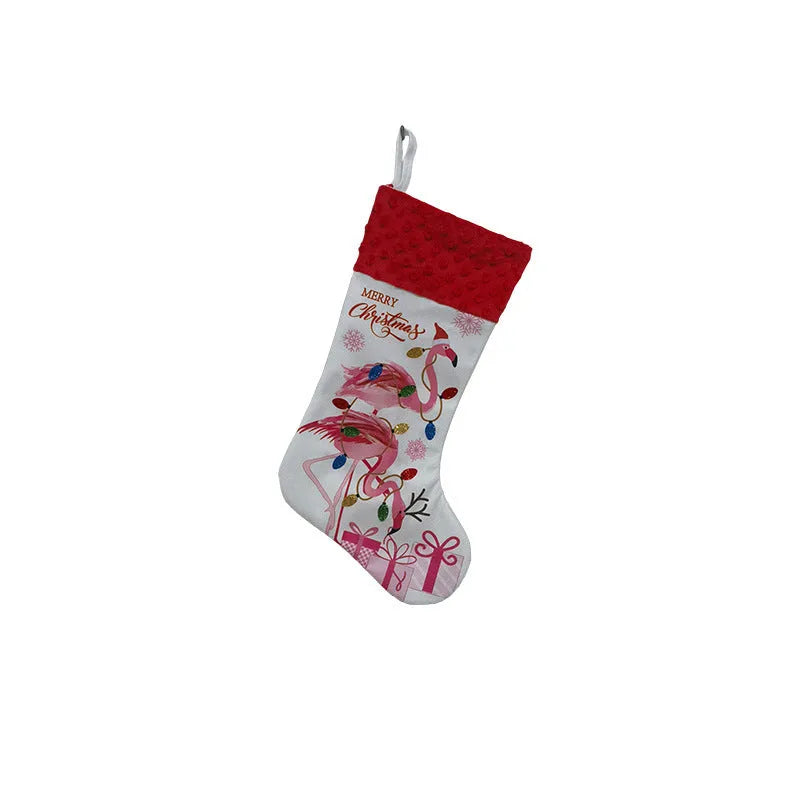 Flamingo Christmas stocking decoration in cloth fabric measuring 46cm by 28cm