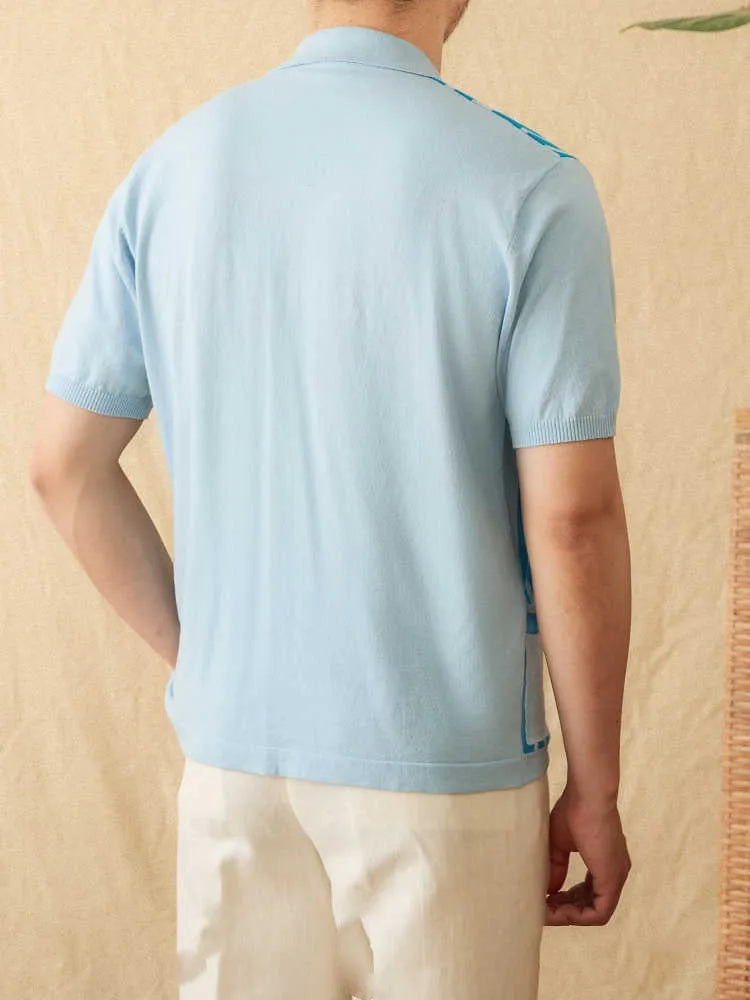 Short-sleeved striped knitted polo cardigan in light blue with a lapel collar.