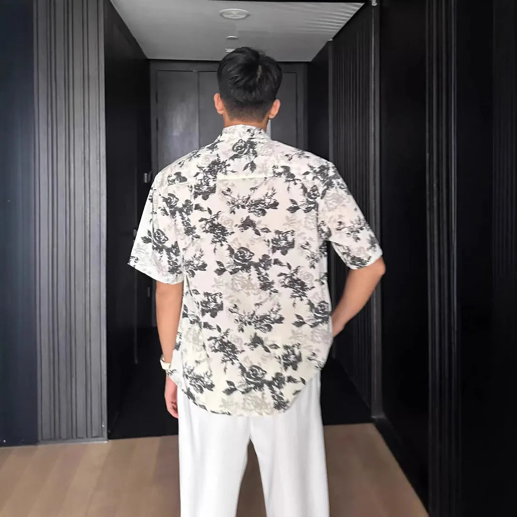 Loose casual floral printed short sleeve shirt in black or white colour options