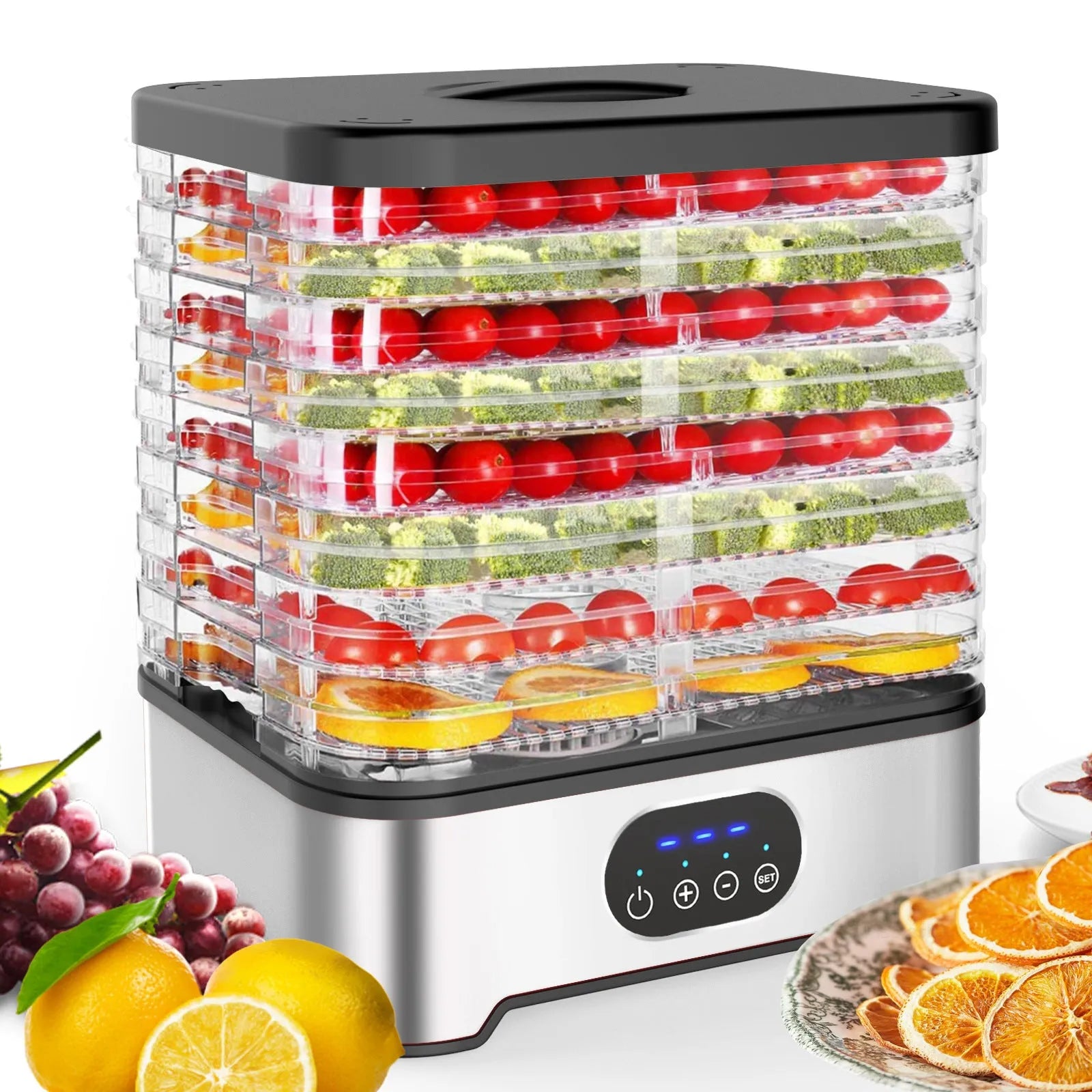 Silver and red household food dehydrator with eight drying trays showing expanded height