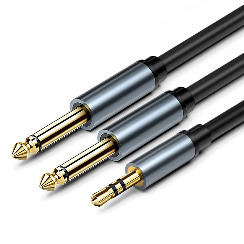 3.5mm stereo to dual 6.5mm mono Y-split audio cable with black PVC jacket